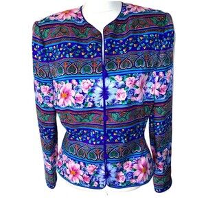 Vintage Adrianna Papell 100% Silk Jacket Bright Colorful Floral Size 12
